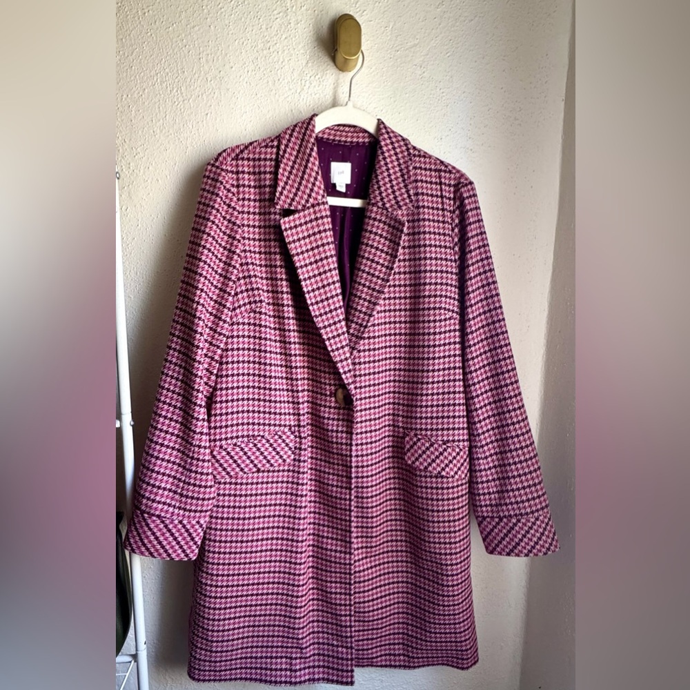 J. Jill Duster Blazer Long One Button Jacket, Pink Purple Houndstooth Small
